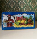 Reklame antikk metall/ blikkboks med lokk Registrada fruktkonfekt - Francisco Moreno S.A. Calahorra Spania 1920-tallet thumbnail