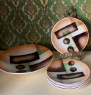 Art deco antikk dessert sett/ fruktservice sprøytemalt steingods/ keramikk geometrisk motiv - Tyskland 1930 tallet thumbnail
