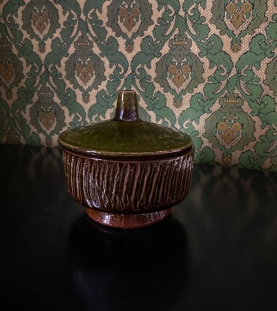 Terrakotta keramikkskål krukke med lokk 1970-tallet