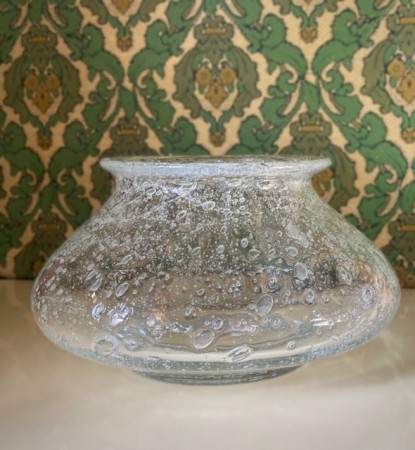Etikettmerket skål/ bolle/ krukke i klart transparent kunstglass - Benny Motzfeldt Randsfjordglass Norway 1970-tallet