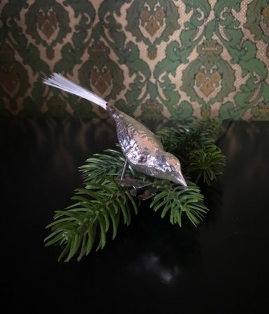 Juletrepynt ornament julekule sølvfarget glassfugl med klype 1950/60-tallet