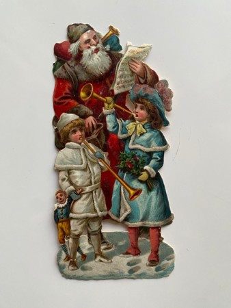 Stort antikk Viktoriansk glansbilde nisseglans julemotiv 1900-tallet