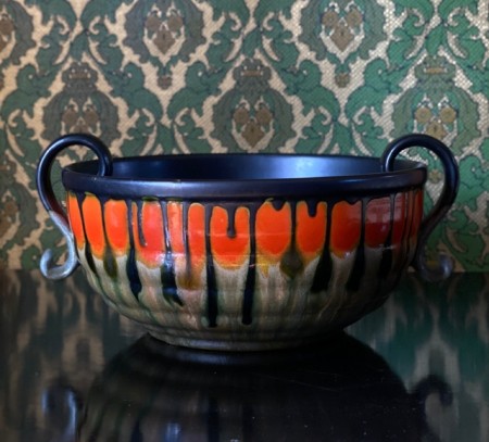 Antikk Art Deco Fruktbolle/ skål i keramikk med drypp kunstglasur A kl 7 - Egersunds Fayance Norway Norge 1930 tallet