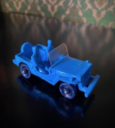 Tomte bil Jeep blå modellbil vinylplast No. 750/2 Åsmund Lærdal Stavanger Norway Norge 1962-1978