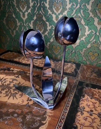 Dobbel lysestake smålys tulipan blomsterform nysølv 60gr Norge 1960/70-tallet