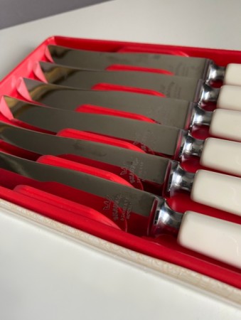 6 håndlagede kniver i original eske stainless steel - Skaugum Bestikkfabrikk AS Norway